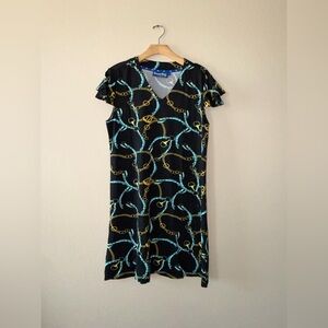 Banana Boat Black Midi Dress with Turquoise and Gold Chain Print